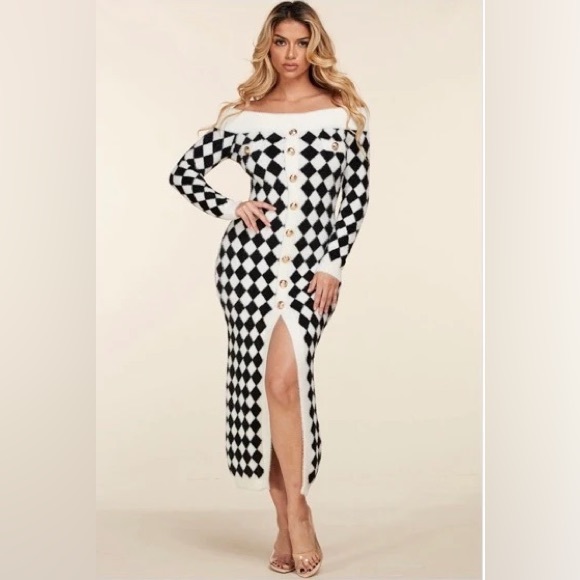 Dresses & Skirts - White And Black Off the Shoulder Mini Checkered Dress